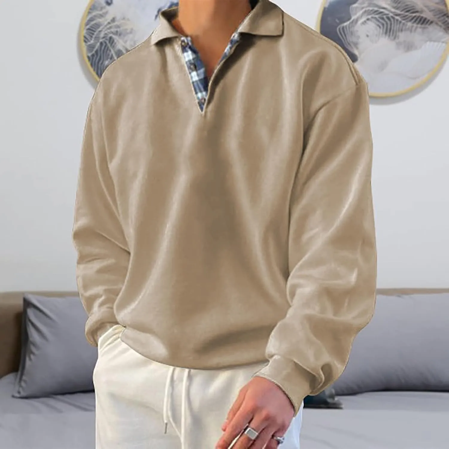Opomelo Men's Long Sleeve Pullover Polo Shirts-Casual Loose Fit Sweatshirts V Neck Tops