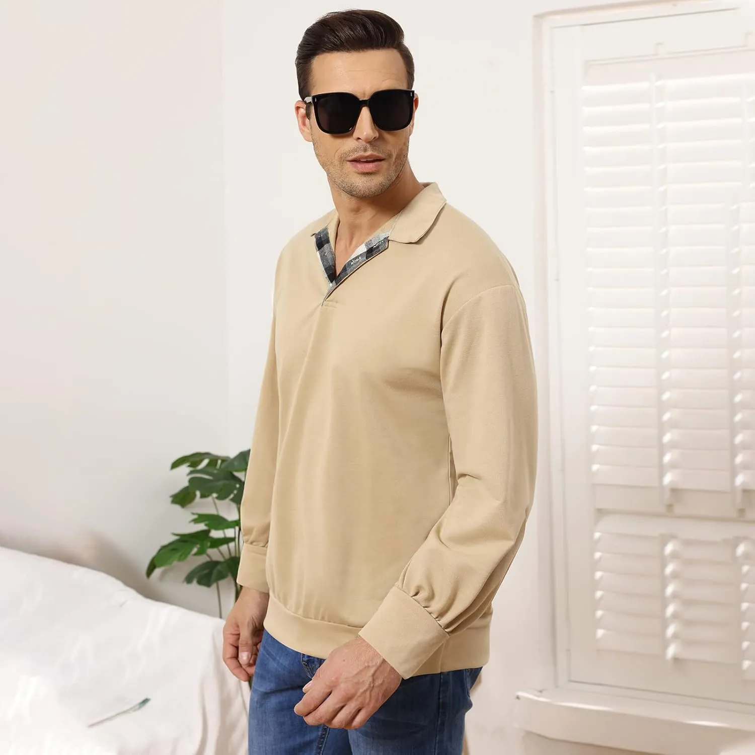 Opomelo Men's Long Sleeve Pullover Polo Shirts-Casual Loose Fit Sweatshirts V Neck Tops