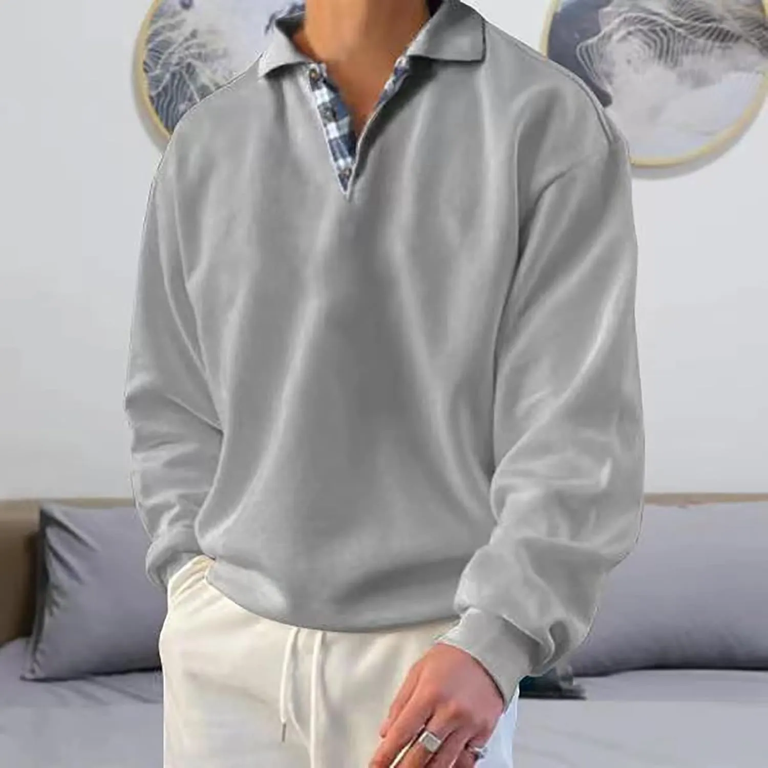 Opomelo Men's Long Sleeve Pullover Polo Shirts-Casual Loose Fit Sweatshirts V Neck Tops