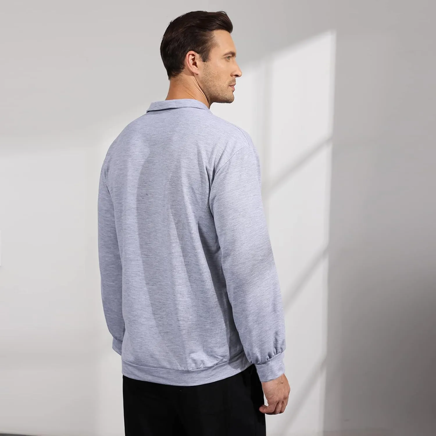 Opomelo Men's Long Sleeve Pullover Polo Shirts-Casual Loose Fit Sweatshirts V Neck Tops
