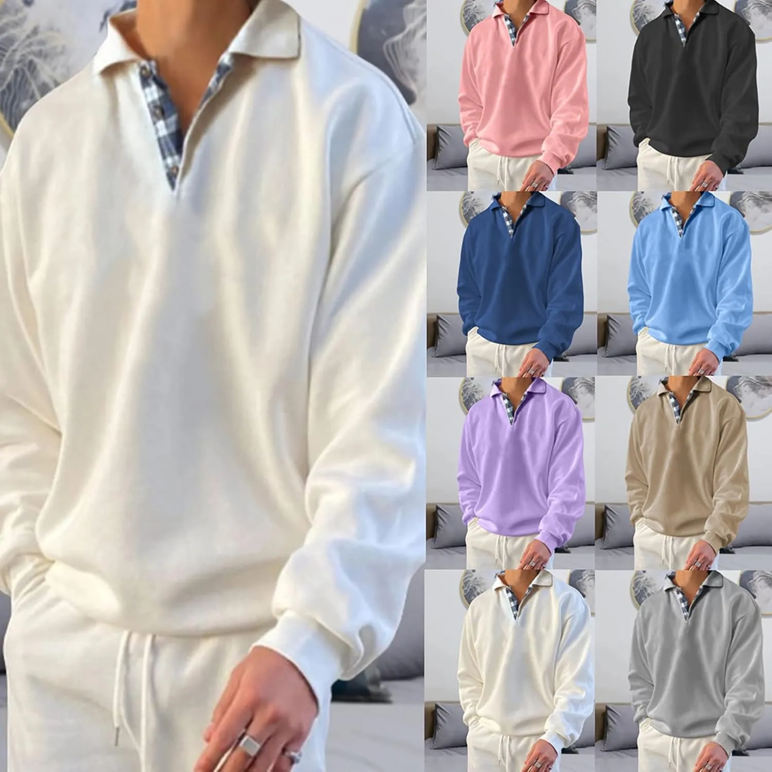 Opomelo Men's Long Sleeve Pullover Polo Shirts-Casual Loose Fit Sweatshirts V Neck Tops