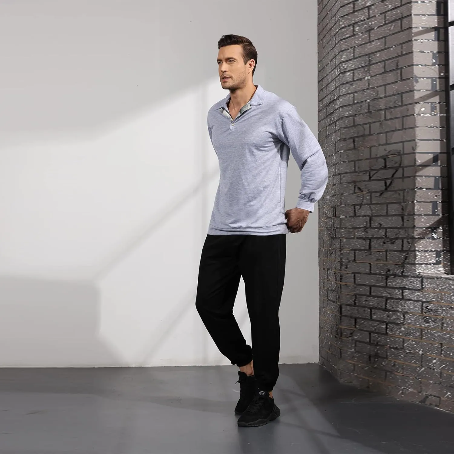 Opomelo Men's Long Sleeve Pullover Polo Shirts-Casual Loose Fit Sweatshirts V Neck Tops