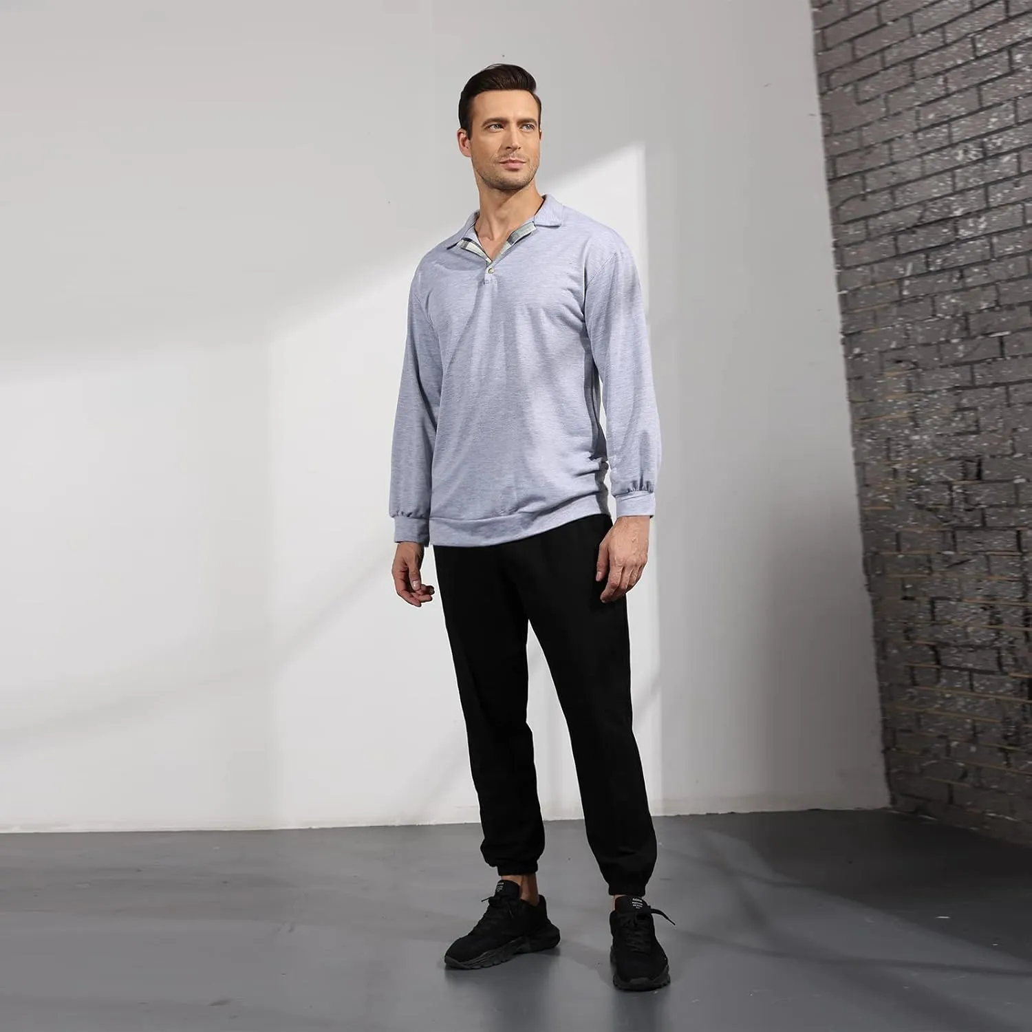 Opomelo Men's Long Sleeve Pullover Polo Shirts-Casual Loose Fit Sweatshirts V Neck Tops