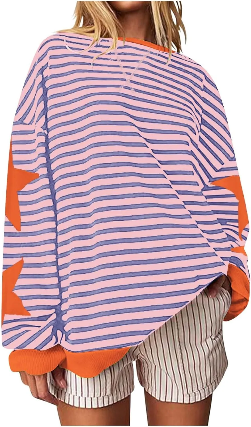 Oversized Sweatshirt for Women 2024 Fall Crewneck Star Striped Top Long Sleeve Preppy Y2K Hoodies Lightweight