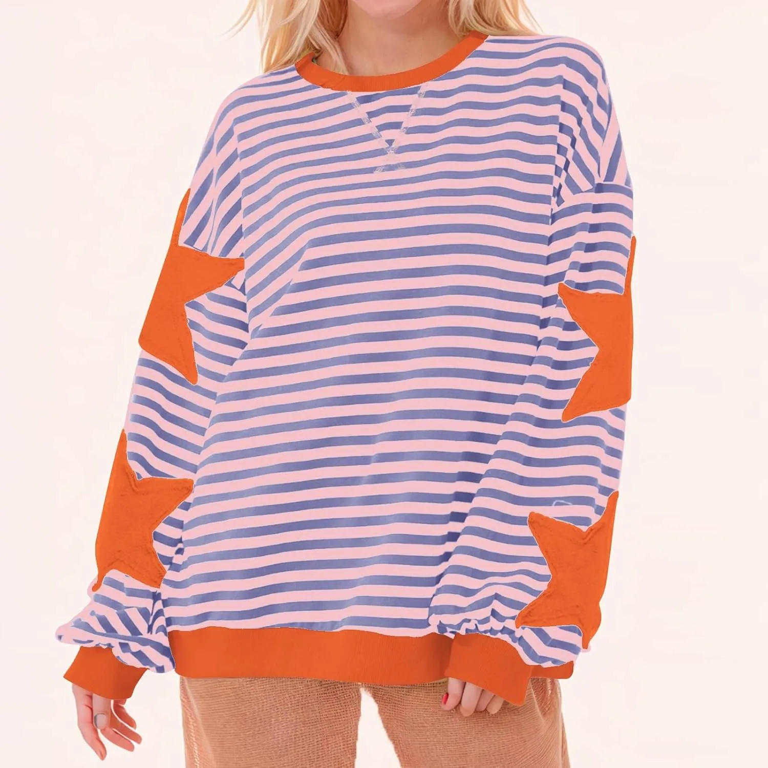 Oversized Sweatshirt for Women 2024 Fall Crewneck Star Striped Top Long Sleeve Preppy Y2K Hoodies Lightweight