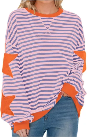 Oversized Sweatshirt for Women 2024 Fall Crewneck Star Striped Top Long Sleeve Preppy Y2K Hoodies Lightweight