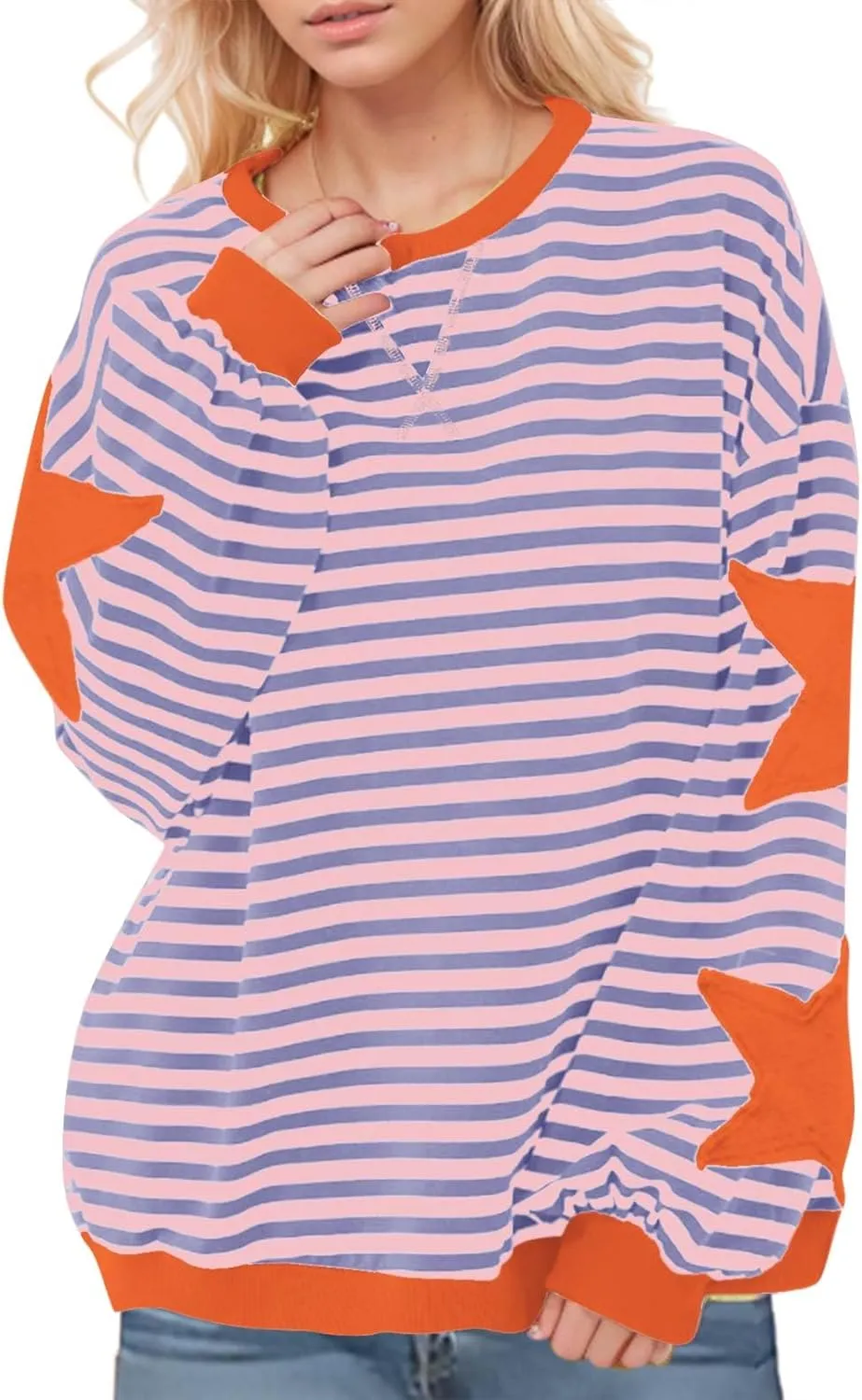 Oversized Sweatshirt for Women 2024 Fall Crewneck Star Striped Top Long Sleeve Preppy Y2K Hoodies Lightweight