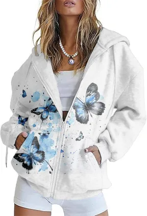 Oversized Sweatshirt Women Butterfly Graphic Hoodies Y2K Full Zip Up Long Sleeve Fall Sweatshirts Drawstring Jackets