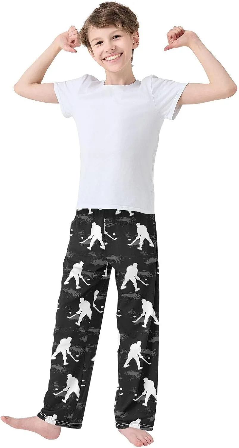 Pfrewn Boys Pajama Pants White Hockey Players on Black Lounge Pants Super Soft Pajama Bottoms with Pockets, L