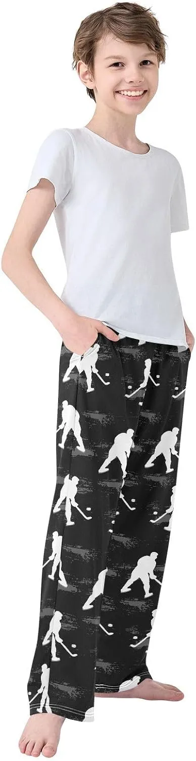 Pfrewn Boys Pajama Pants White Hockey Players on Black Lounge Pants Super Soft Pajama Bottoms with Pockets, L