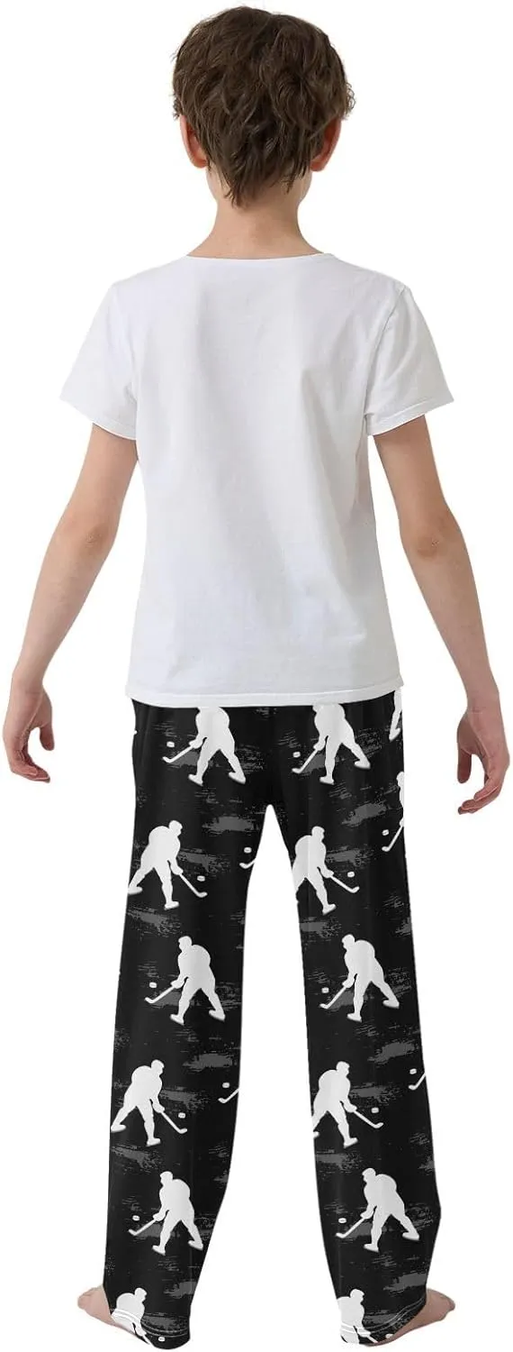 Pfrewn Boys Pajama Pants White Hockey Players on Black Lounge Pants Super Soft Pajama Bottoms with Pockets, L