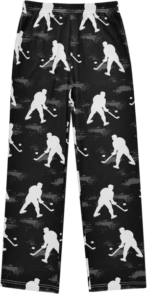 Pfrewn Boys Pajama Pants White Hockey Players on Black Lounge Pants Super Soft Pajama Bottoms with Pockets, L
