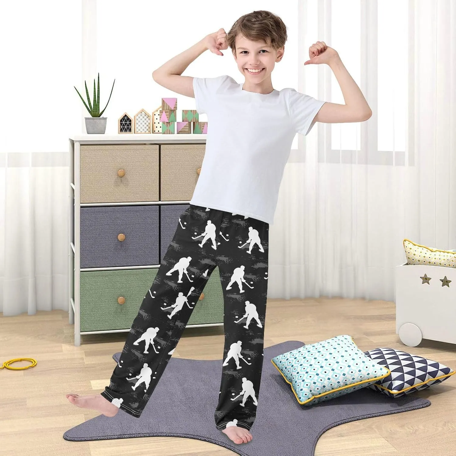 Pfrewn Boys Pajama Pants White Hockey Players on Black Lounge Pants Super Soft Pajama Bottoms with Pockets, L