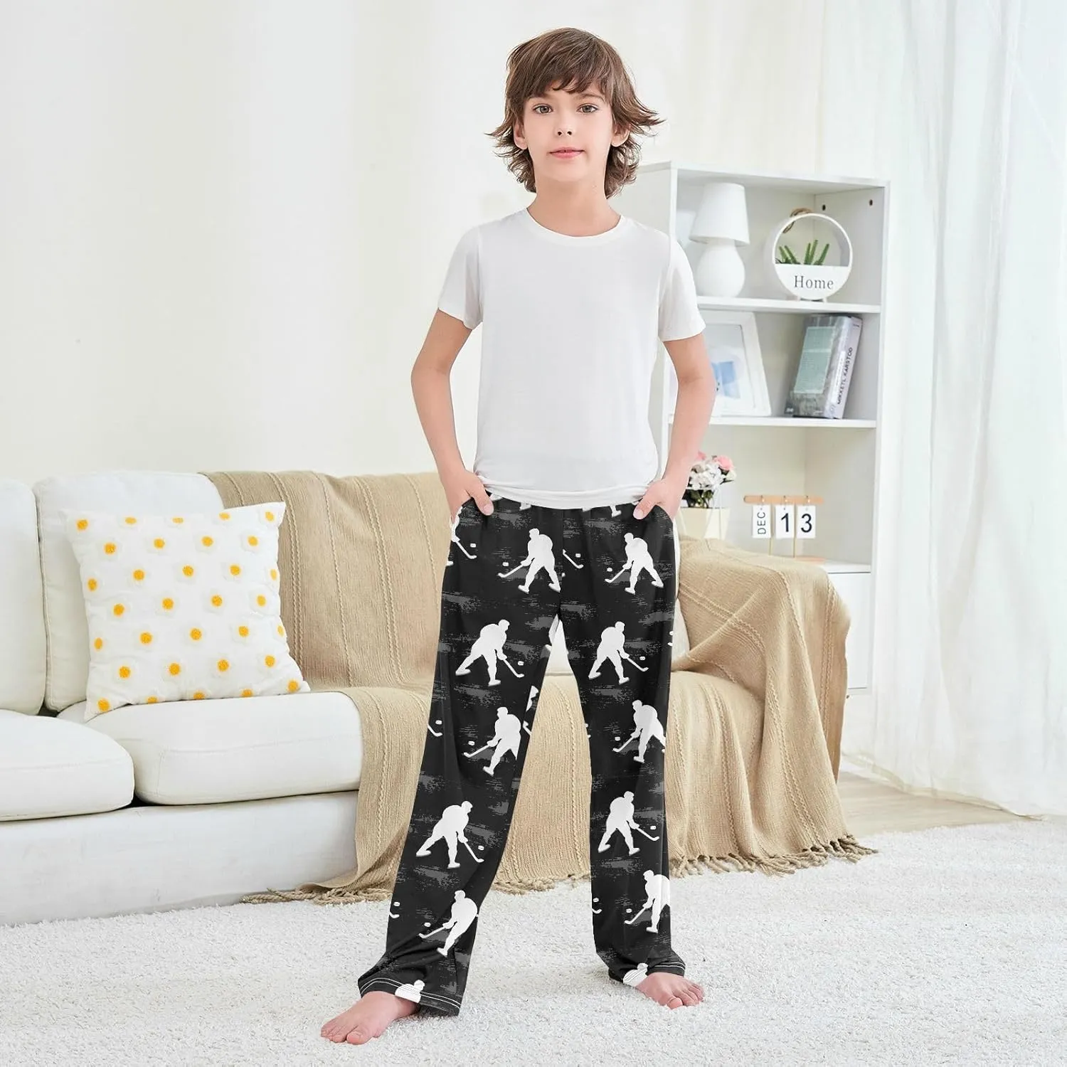 Pfrewn Boys Pajama Pants White Hockey Players on Black Lounge Pants Super Soft Pajama Bottoms with Pockets, L