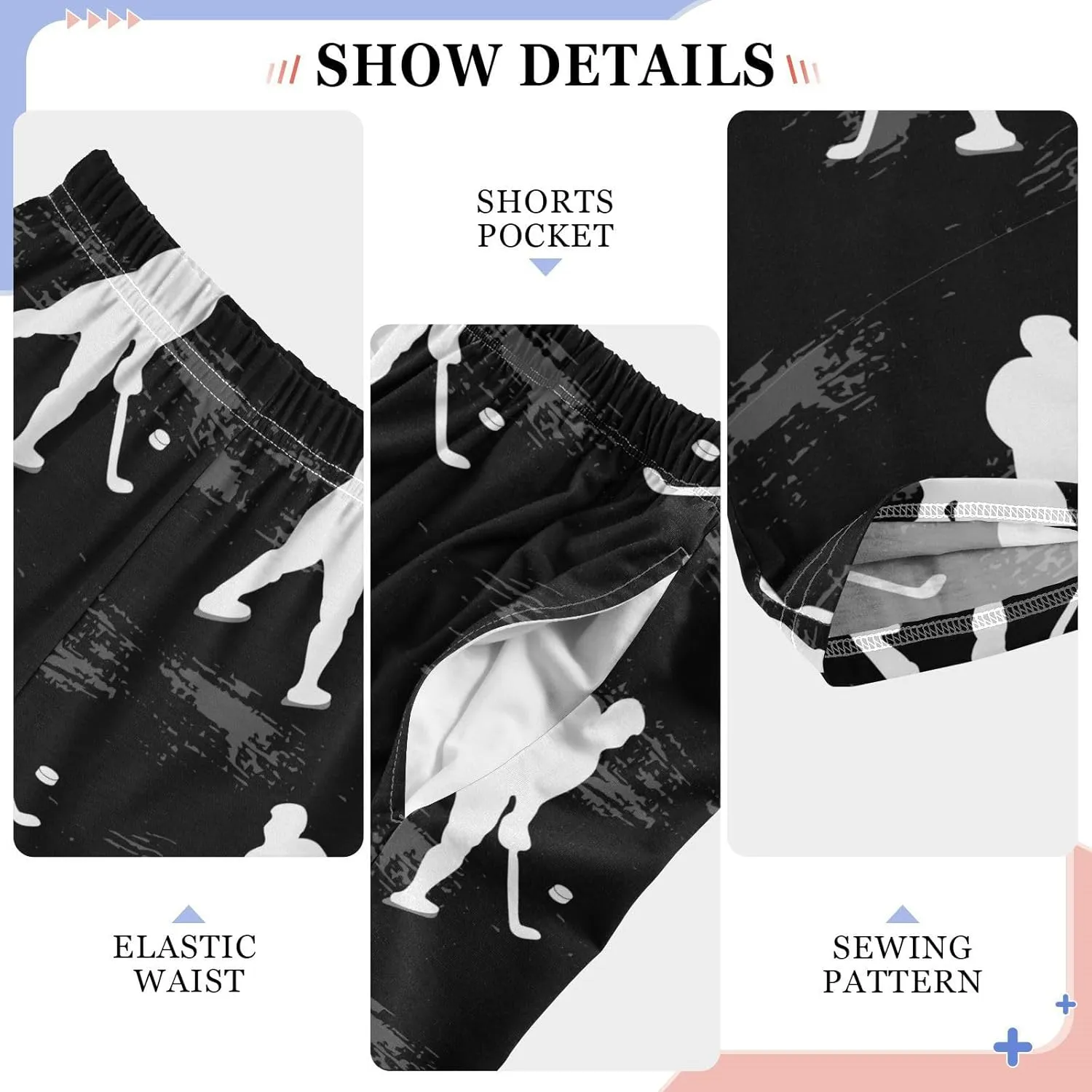 Pfrewn Boys Pajama Pants White Hockey Players on Black Lounge Pants Super Soft Pajama Bottoms with Pockets, L
