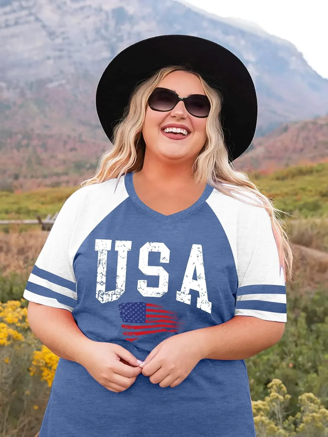 Plus Size Tops American Flag Shirts Womens V Neck Patriotic Tshirt USA Graphic Tee 4th of July T-Shirt
