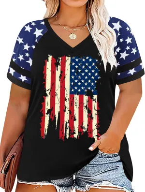 Plus Size Tops American Flag Shirts Womens V Neck Patriotic Tshirt USA Graphic Tee 4th of July T-Shirt