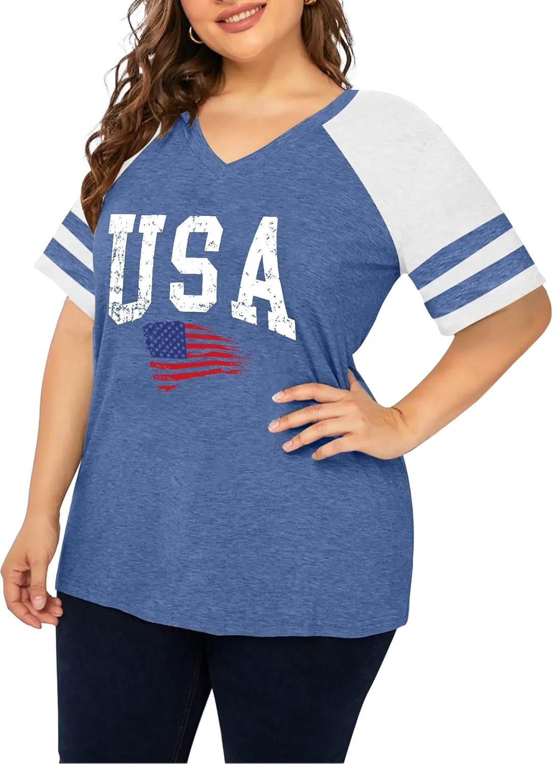 Plus Size Tops American Flag Shirts Womens V Neck Patriotic Tshirt USA Graphic Tee 4th of July T-Shirt