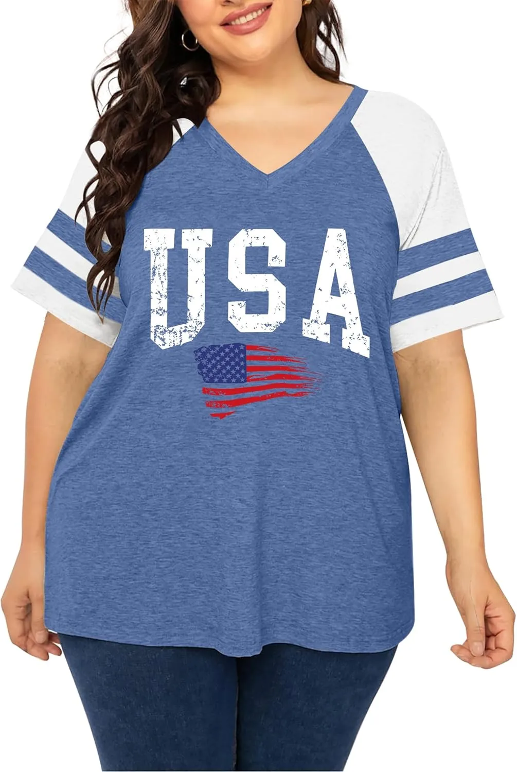 Plus Size Tops American Flag Shirts Womens V Neck Patriotic Tshirt USA Graphic Tee 4th of July T-Shirt