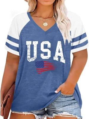 Plus Size Tops American Flag Shirts Womens V Neck Patriotic Tshirt USA Graphic Tee 4th of July T-Shirt