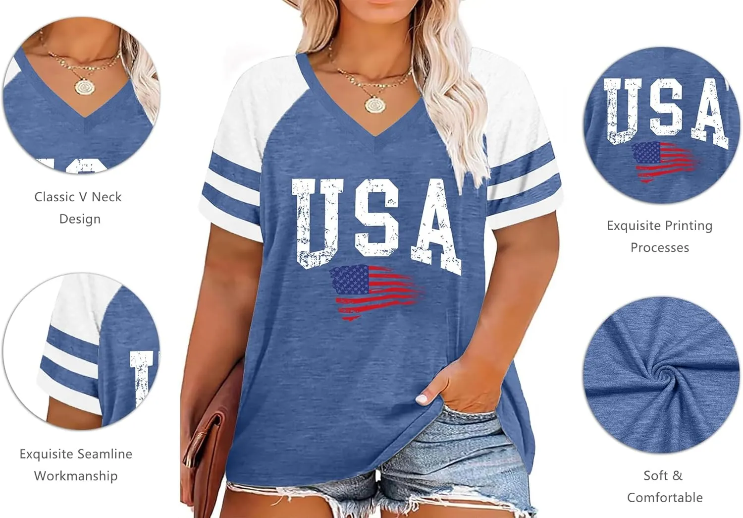 Plus Size Tops American Flag Shirts Womens V Neck Patriotic Tshirt USA Graphic Tee 4th of July T-Shirt