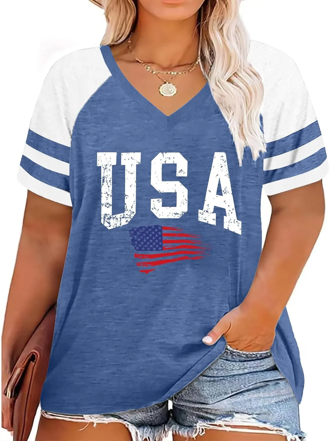Plus Size Tops American Flag Shirts Womens V Neck Patriotic Tshirt USA Graphic Tee 4th of July T-Shirt
