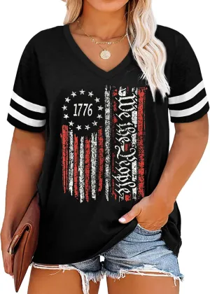 Plus Size Tops American Flag Shirts Womens V Neck Patriotic Tshirt USA Graphic Tee 4th of July T-Shirt
