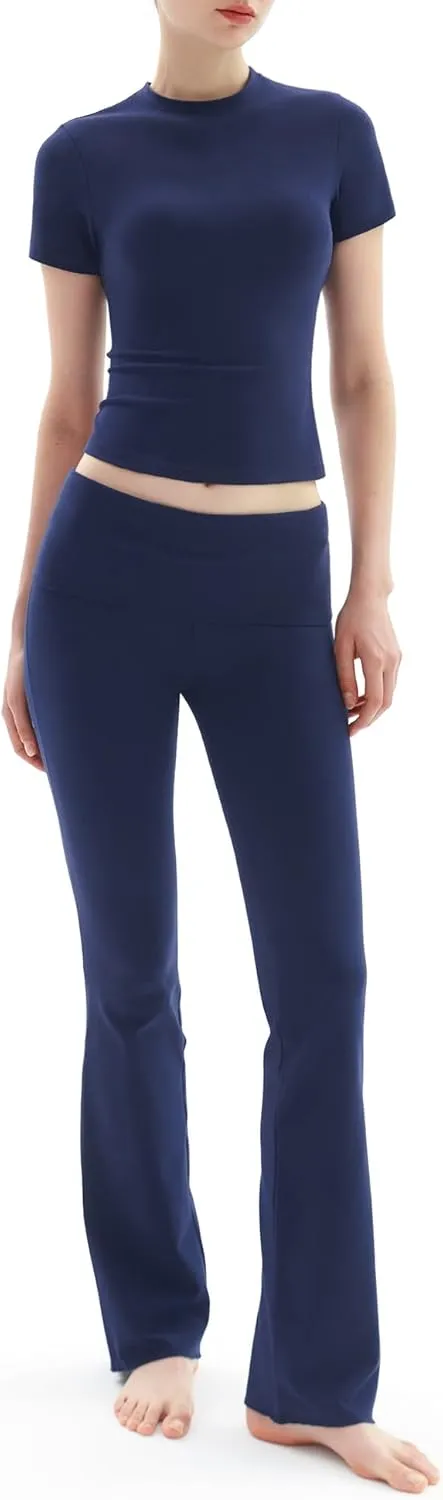 PUMIEY Women's 2 Piece Lounge Sets Short Sleeve Tops Fold-Over Flare Pants Casual Outfits Matching Set Nap Collection