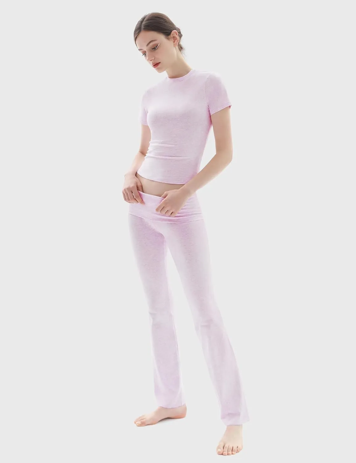 PUMIEY Women's 2 Piece Lounge Sets Short Sleeve Tops Fold-Over Flare Pants Casual Outfits Matching Set Nap Collection