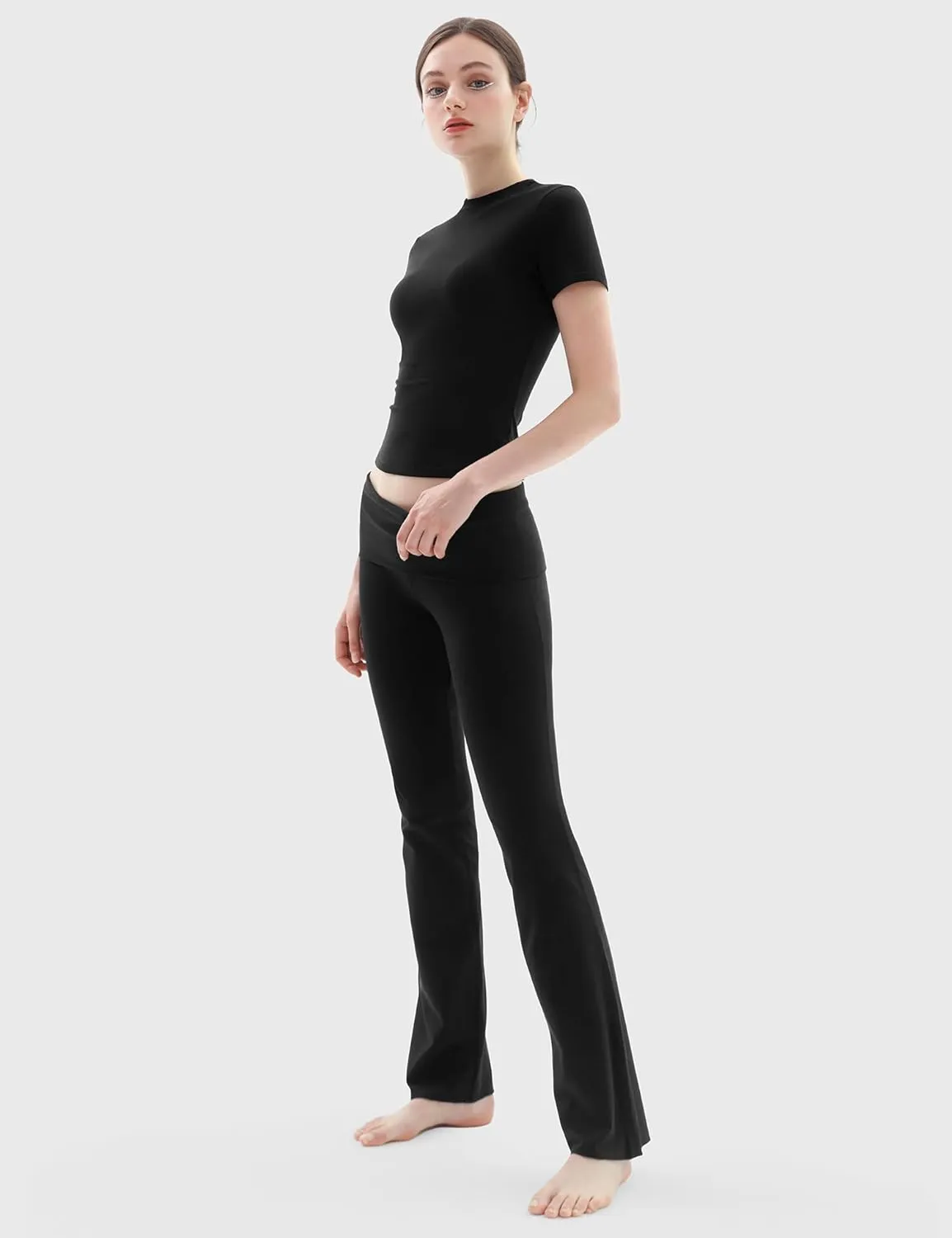 PUMIEY Women's 2 Piece Lounge Sets Short Sleeve Tops Fold-Over Flare Pants Casual Outfits Matching Set Nap Collection