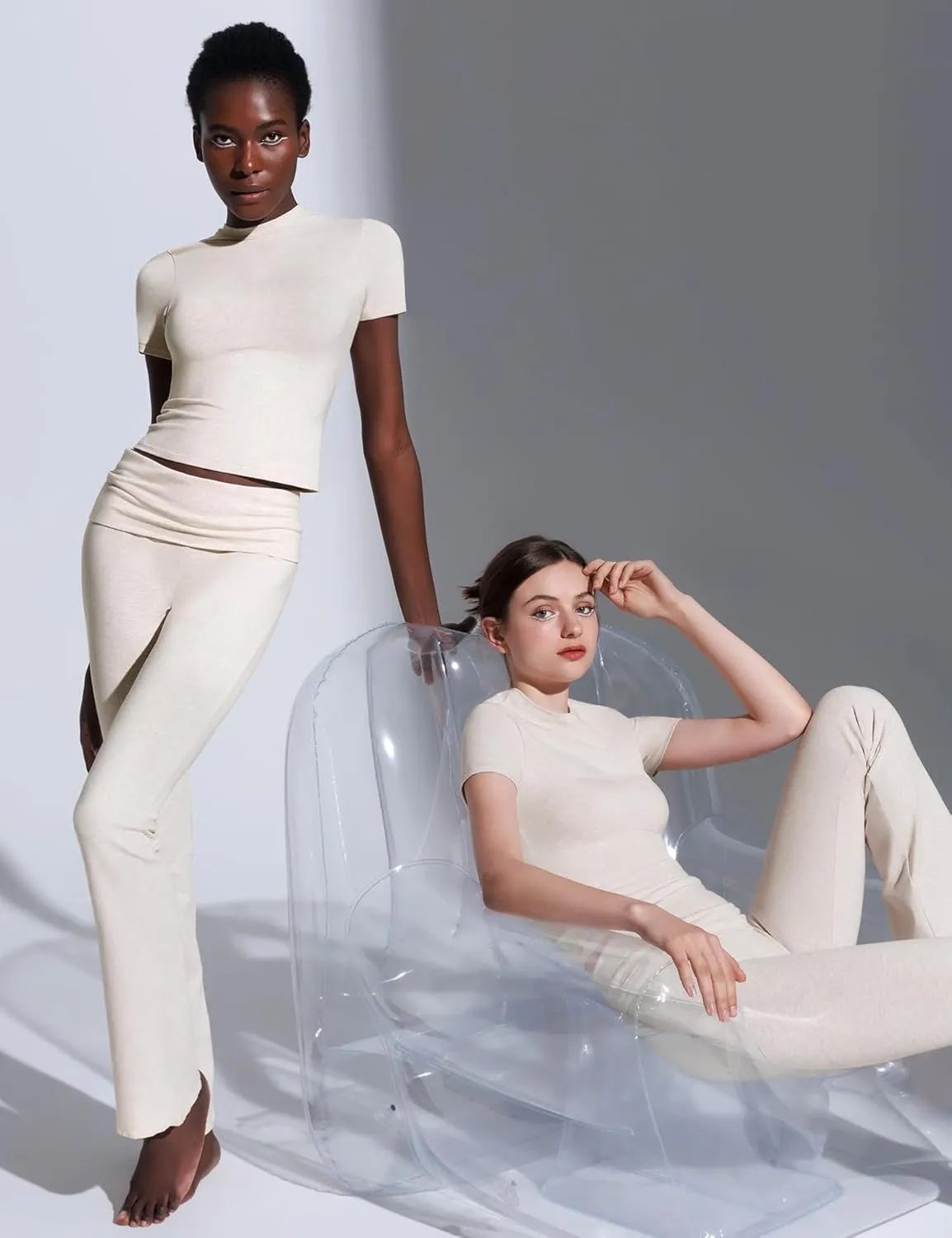 PUMIEY Women's 2 Piece Lounge Sets Short Sleeve Tops Fold-Over Flare Pants Casual Outfits Matching Set Nap Collection