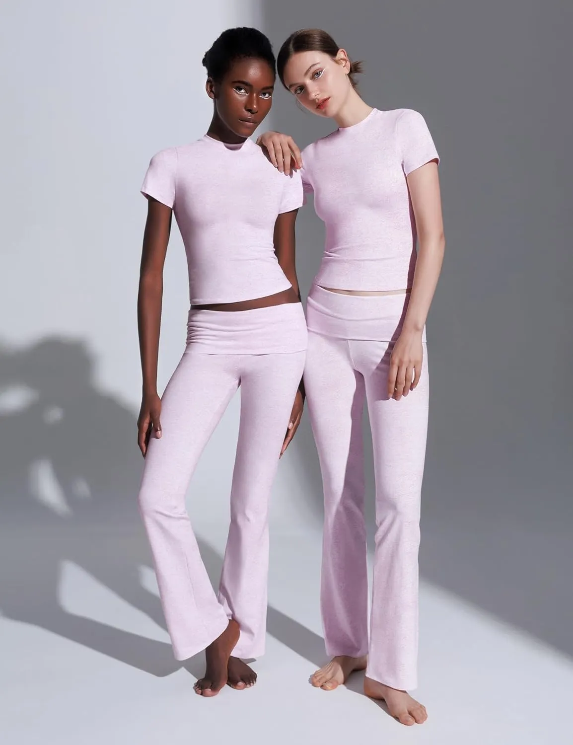 PUMIEY Women's 2 Piece Lounge Sets Short Sleeve Tops Fold-Over Flare Pants Casual Outfits Matching Set Nap Collection