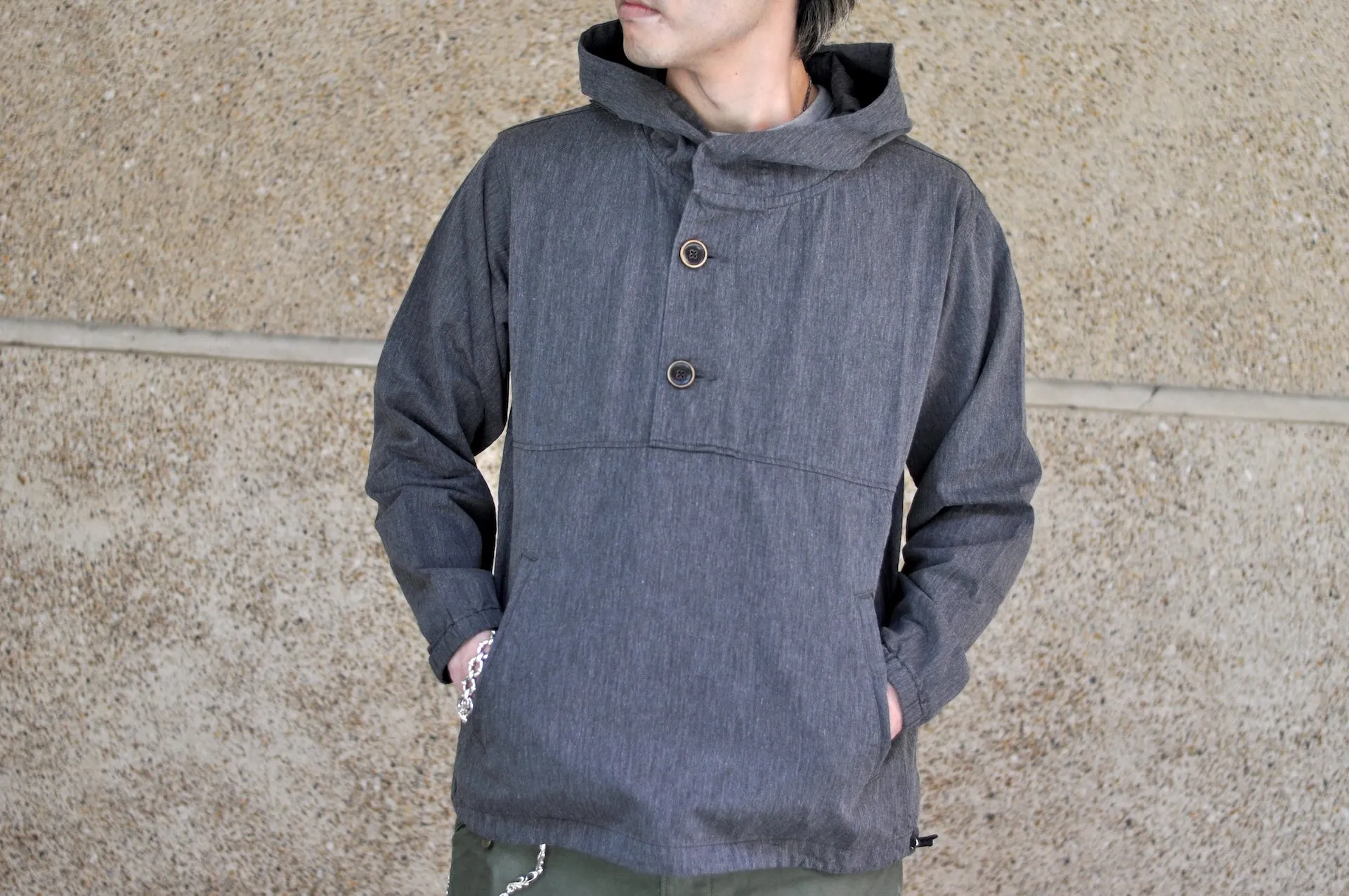 Pure Blue Japan "All-Seasons" HBT Hooded Pullover (Heather Grey X Black)