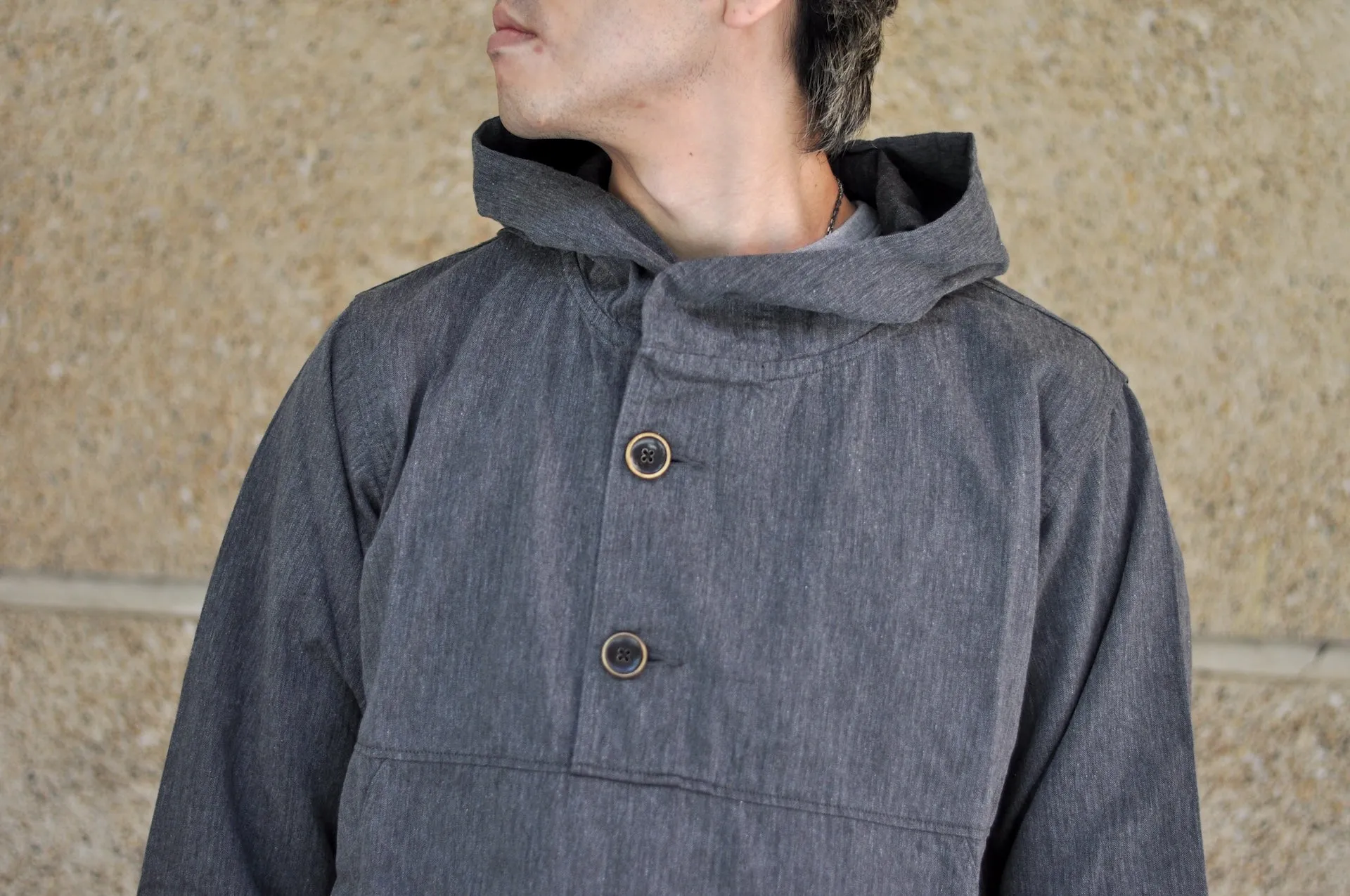 Pure Blue Japan "All-Seasons" HBT Hooded Pullover (Heather Grey X Black)