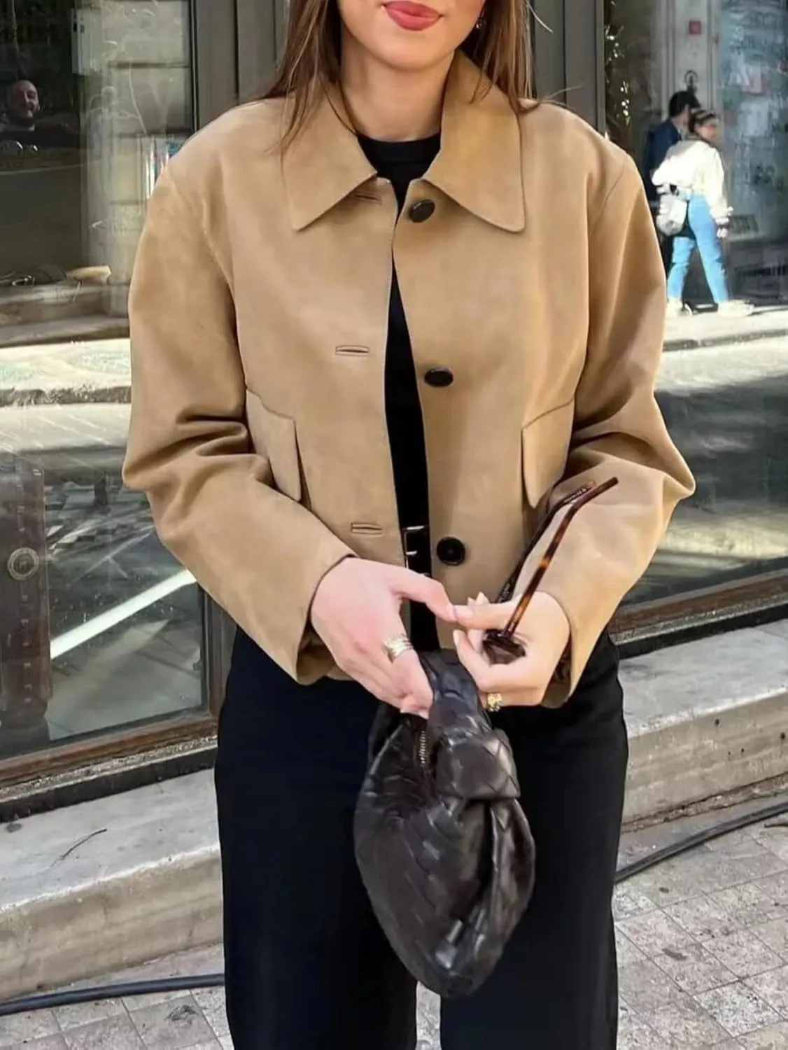 RICHTRUE Suede Jacket Brown Faux Leather Jacket Women Fall Fashion Old Money Aesthetic Winter Blazers Cropped Trench Coat Y2K