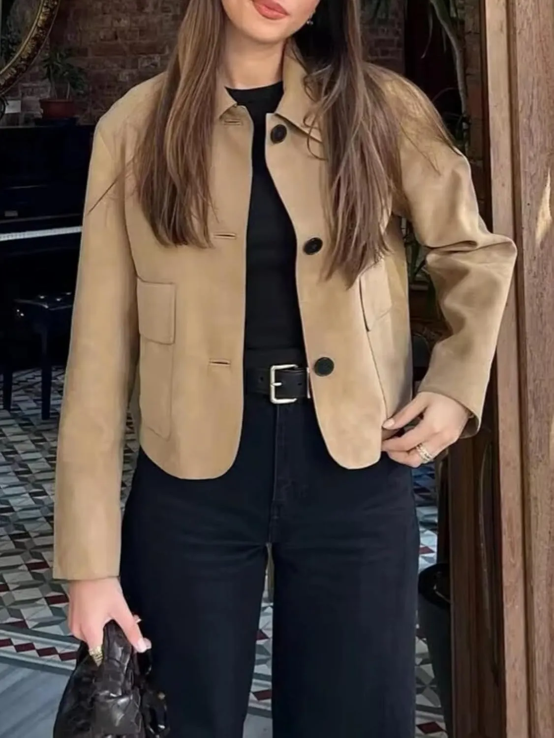 RICHTRUE Suede Jacket Brown Faux Leather Jacket Women Fall Fashion Old Money Aesthetic Winter Blazers Cropped Trench Coat Y2K