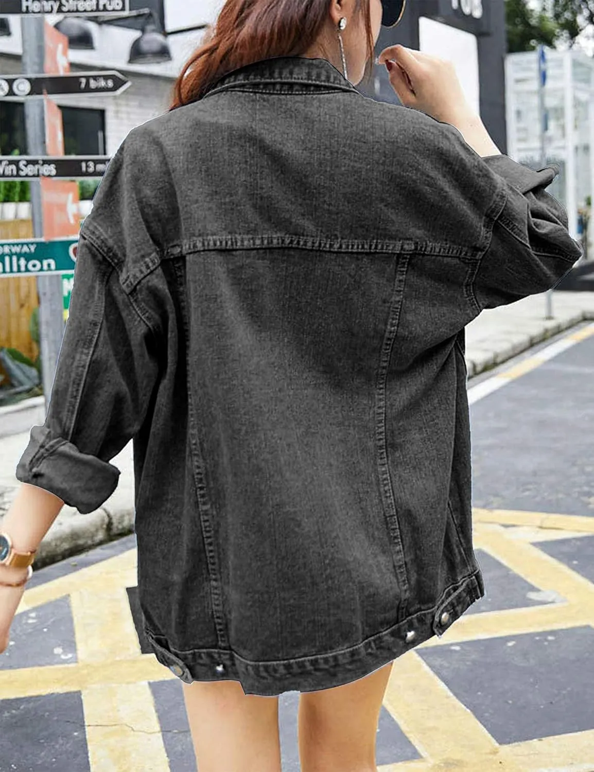 SeekMe Women's Oversized Jean Jacket Plus Size Button Down Washed Mid Long Denim Jacket