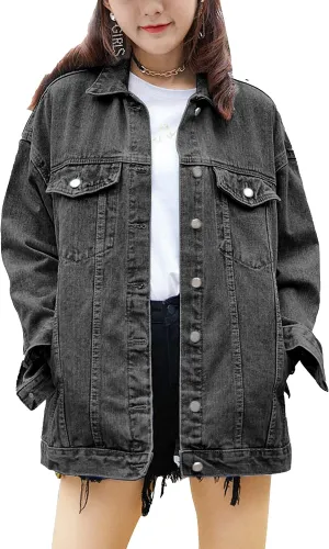 SeekMe Women's Oversized Jean Jacket Plus Size Button Down Washed Mid Long Denim Jacket