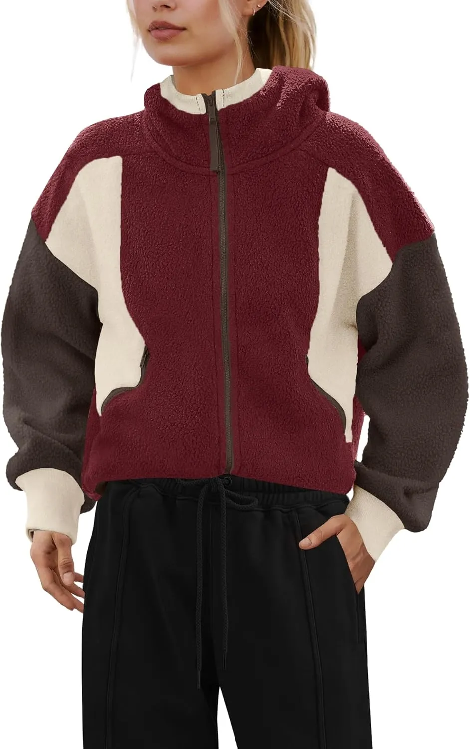 SENSERISE Womens Sherpa Jacket Zip Up Fuzzy Fleece Hoodie Oversized Long Sleeve Color Block Outerwear with Pockets