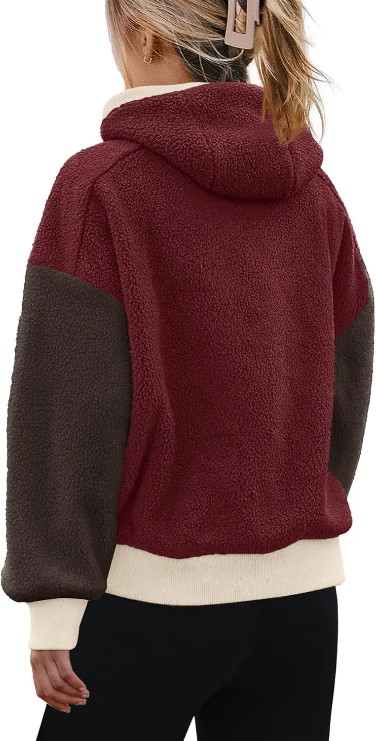 SENSERISE Womens Sherpa Jacket Zip Up Fuzzy Fleece Hoodie Oversized Long Sleeve Color Block Outerwear with Pockets