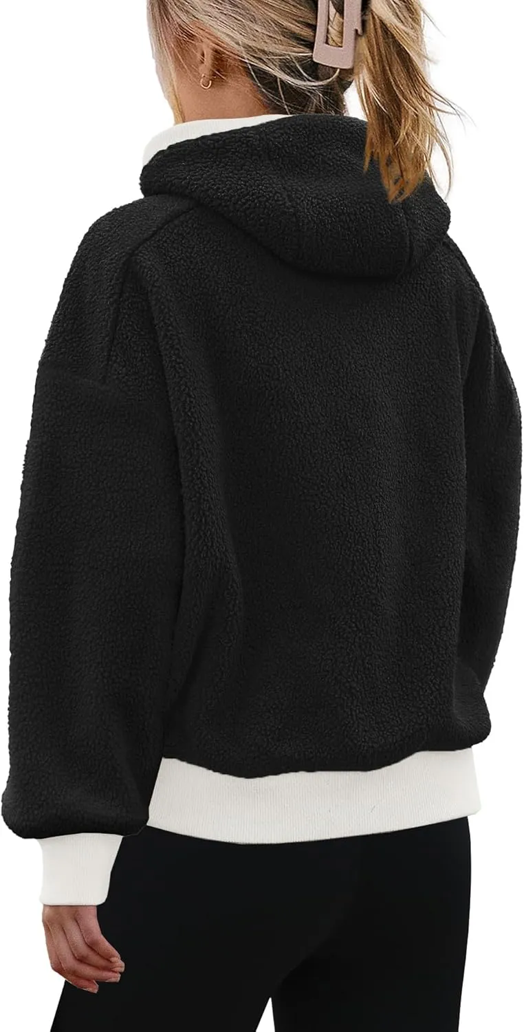 SENSERISE Womens Sherpa Jacket Zip Up Fuzzy Fleece Hoodie Oversized Long Sleeve Color Block Outerwear with Pockets
