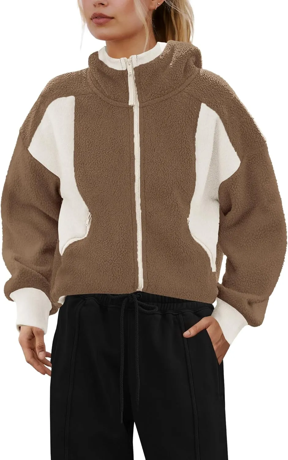 SENSERISE Womens Sherpa Jacket Zip Up Fuzzy Fleece Hoodie Oversized Long Sleeve Color Block Outerwear with Pockets