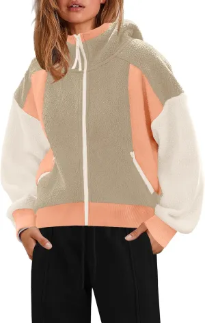 SENSERISE Womens Sherpa Jacket Zip Up Fuzzy Fleece Hoodie Oversized Long Sleeve Color Block Outerwear with Pockets