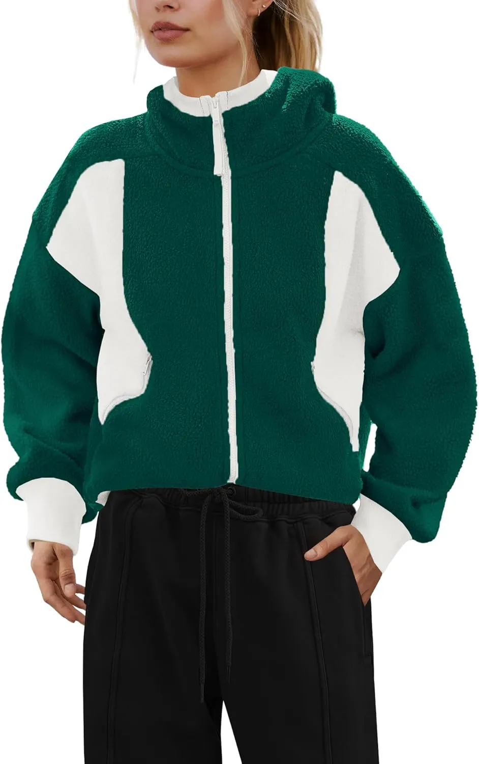 SENSERISE Womens Sherpa Jacket Zip Up Fuzzy Fleece Hoodie Oversized Long Sleeve Color Block Outerwear with Pockets
