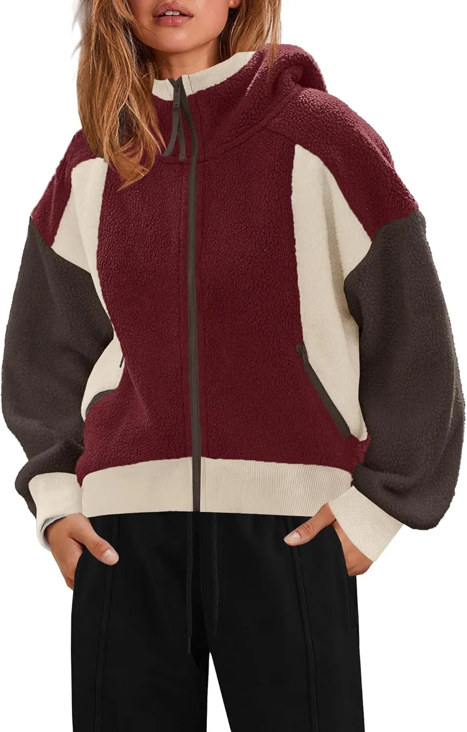 SENSERISE Womens Sherpa Jacket Zip Up Fuzzy Fleece Hoodie Oversized Long Sleeve Color Block Outerwear with Pockets
