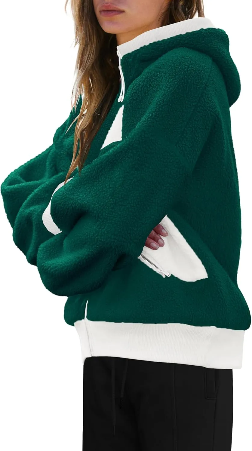 SENSERISE Womens Sherpa Jacket Zip Up Fuzzy Fleece Hoodie Oversized Long Sleeve Color Block Outerwear with Pockets