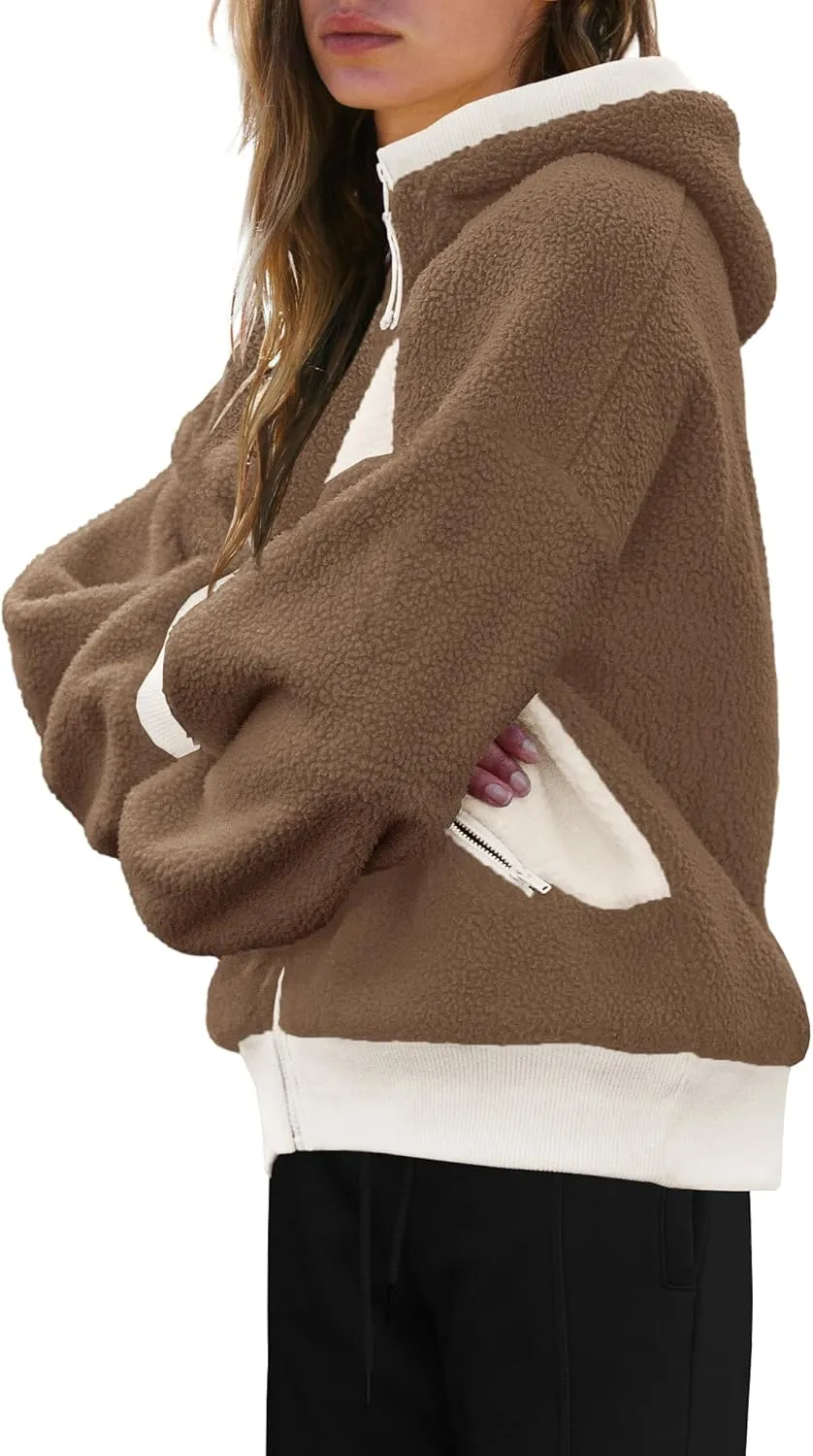SENSERISE Womens Sherpa Jacket Zip Up Fuzzy Fleece Hoodie Oversized Long Sleeve Color Block Outerwear with Pockets
