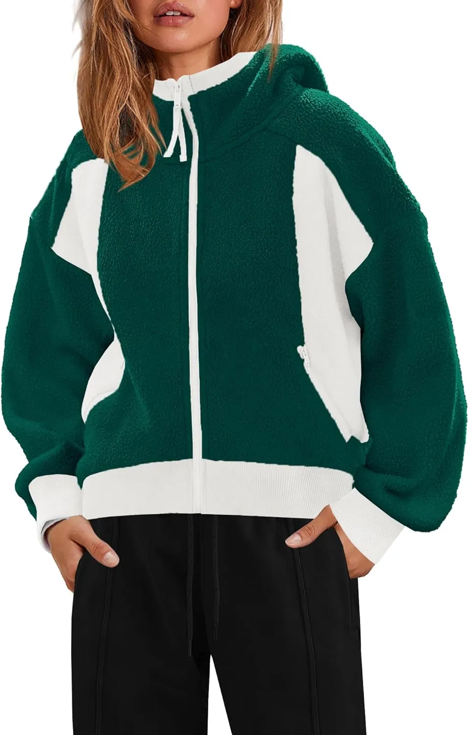 SENSERISE Womens Sherpa Jacket Zip Up Fuzzy Fleece Hoodie Oversized Long Sleeve Color Block Outerwear with Pockets