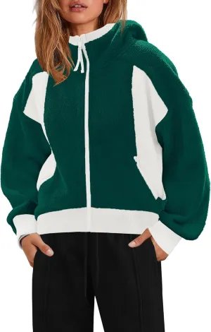 SENSERISE Womens Sherpa Jacket Zip Up Fuzzy Fleece Hoodie Oversized Long Sleeve Color Block Outerwear with Pockets