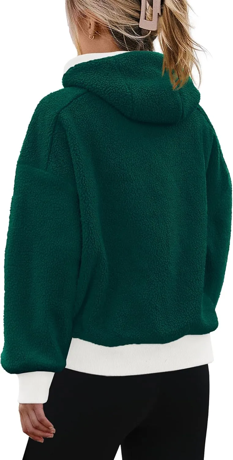 SENSERISE Womens Sherpa Jacket Zip Up Fuzzy Fleece Hoodie Oversized Long Sleeve Color Block Outerwear with Pockets